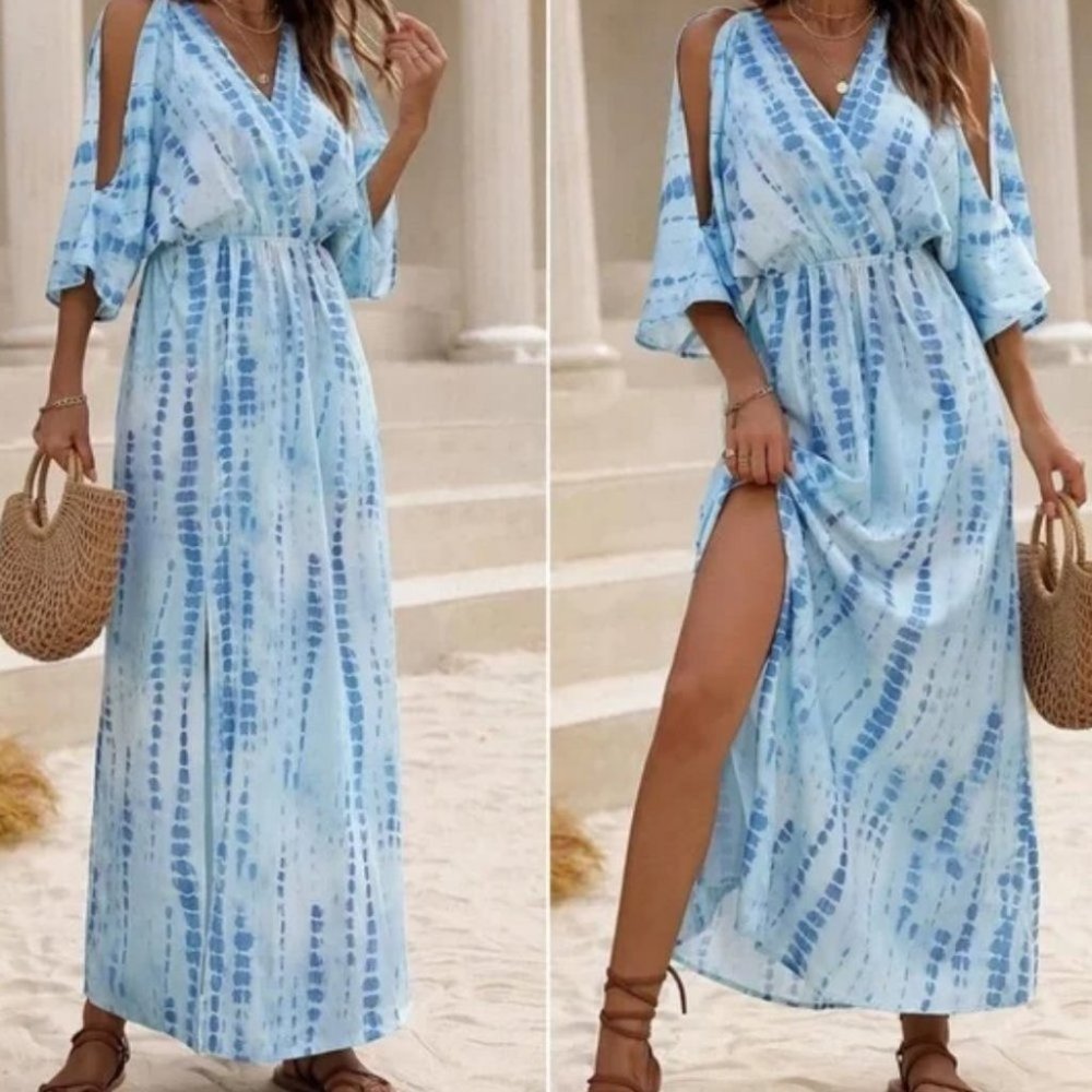 Boho Style Tie dye Cut out Sleeve thigh slit Maxi Dress BLUE